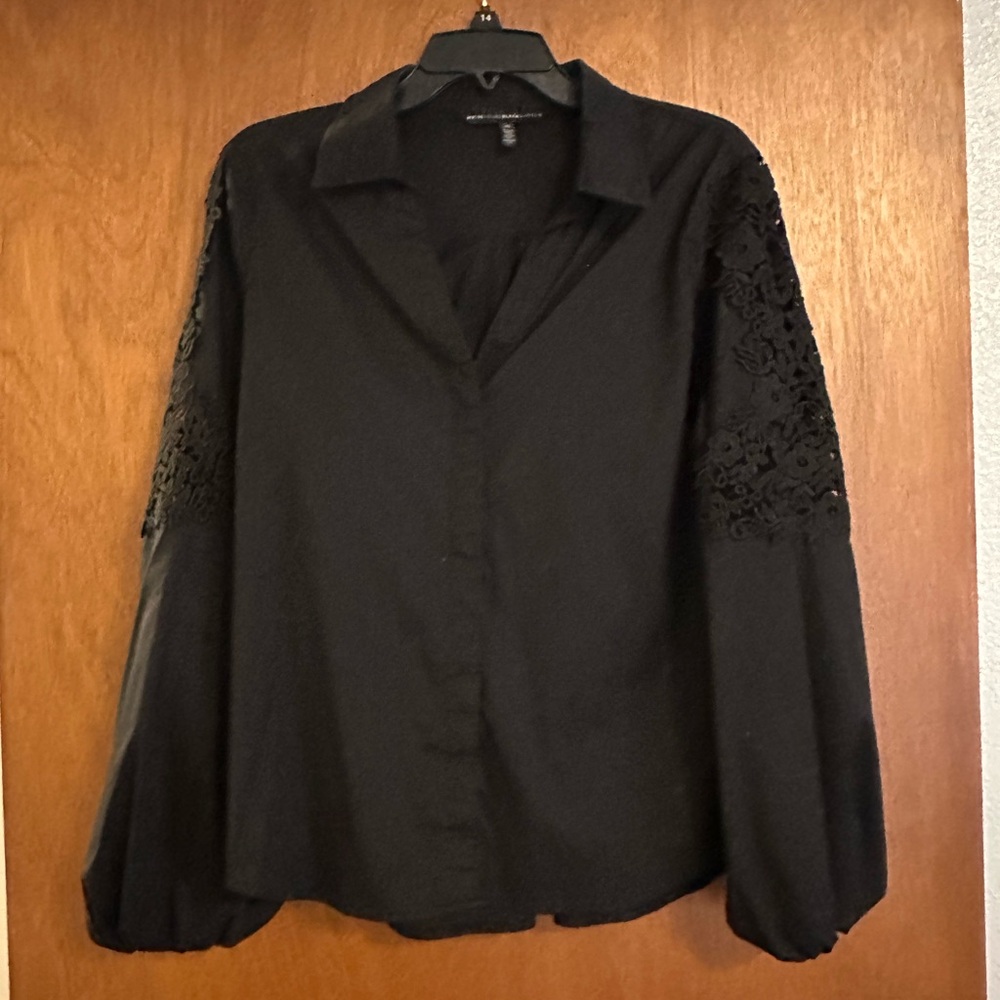 White House Black Market Black Lace Sleeve Button Down Shirt